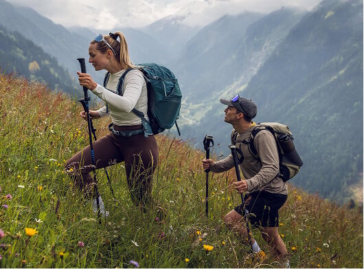 Hikers wearing Osprey backpacks climbing a mountain trail through wildflowers.