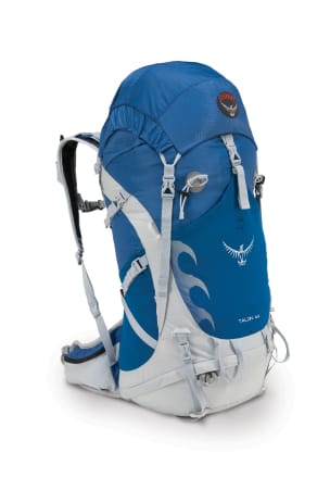 En koboltblå backpacker-ryggsekk med sølvhvite stropper og detaljer. «Talon 44» og Osprey-logoen i svart, rødt og hvitt er brodert på.