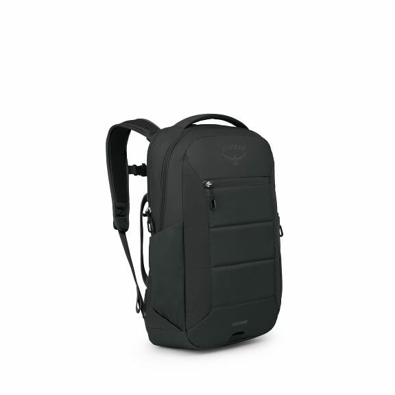 The image features a black Osprey backpack designed for everyday use or travel. It is a sleek and modern backpack with a streamlined design, showcasing several zippered compartments on the front. The Osprey logo is visible near the top of the backpack, an