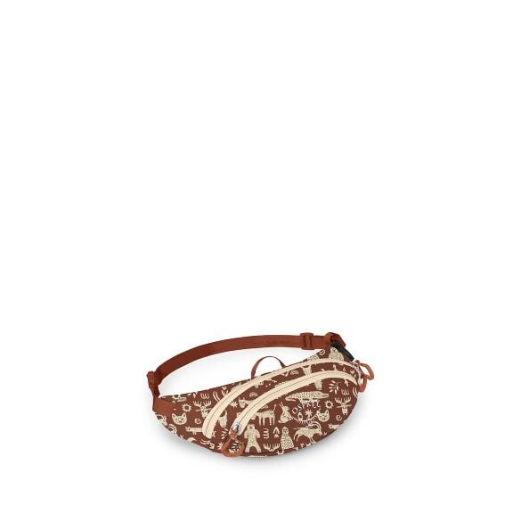 A small brown waist bag (fanny pack) with an adjustable strap is shown on a white background. The pouch features cream-colored petroglyph-style illustrations of animals, people, and symbols. Two cream zippers curve across the front, each with brown pull l