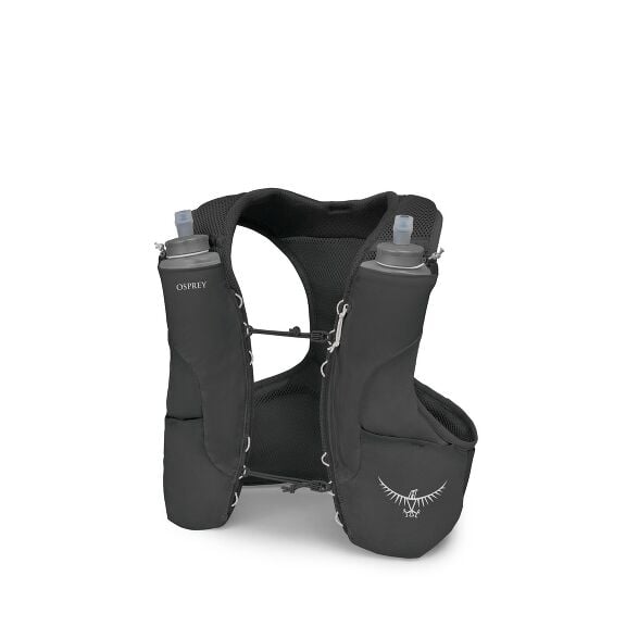 The image shows a black hydration vest from the brand Osprey, designed for outdoor activities like running or hiking. The vest features two front compartments, each holding a soft flask bottle with a drinking spout. The design of the vest is minimal and e