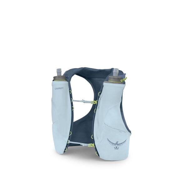 The images show a progressive breakdown of a light blue hydration vest by Osprey, commonly used for activities like running and hiking. In the first image, the vest is fully assembled, displaying two soft water bottles inserted in the front pockets, which