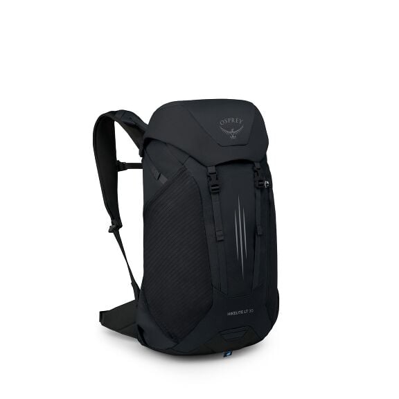 The image features a black Osprey backpack, specifically the Hikelite LT 30 model. It has a sleek design with a streamlined, ergonomic shape and is constructed with durable materials. The backpack includes adjustable shoulder straps and clips for secure c