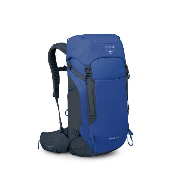The image displays an Osprey Kestrel LT 38 backpack, predominantly blue with dark gray accents. The backpack features the Osprey logo on the top flap, and there are adjustable straps and buckles for comfort and secure closure. It has a top-loading main co