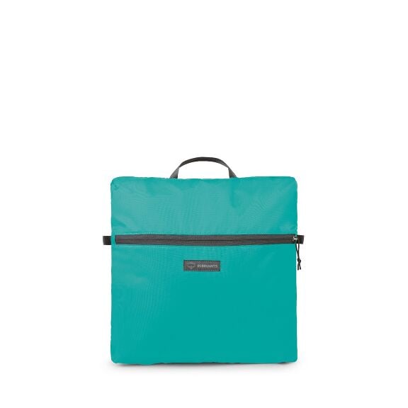 The images show a compact, foldable backpack in a deep blue color. The backpack features a zipper along the top edge, which allows it to open and close. There is a small handle on top for easy carrying when it's folded. It has a front pocket with a zipper