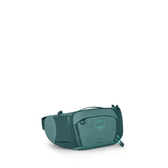 The image series shows the gradual assembly of an Osprey waist pack in a dark teal color. The first image displays the fully assembled pack, showcasing its various compartments and adjustable straps, with the brand logo "Osprey" prominently featured on th