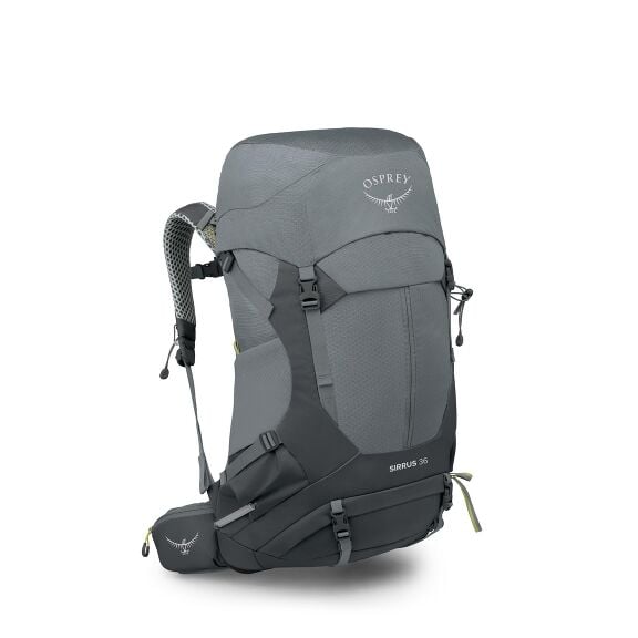 The image features a detailed view of an Osprey backpack model named Sirrus 36. It is primarily grey, with darker grey accents and lime green zipper pulls. The backpack is equipped with multiple straps and buckles for adjustments and attachments, and it i