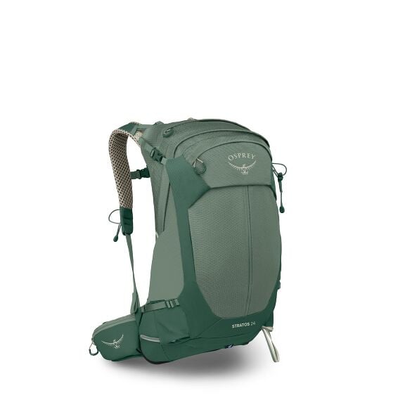 The image showcases a green Osprey Stratos 24 backpack, a hiking backpack designed with multiple compartments and adjustable straps for comfort and functionality. The bag features Osprey's logo at the top and on the side pocket, with the text "STRATOS 24"