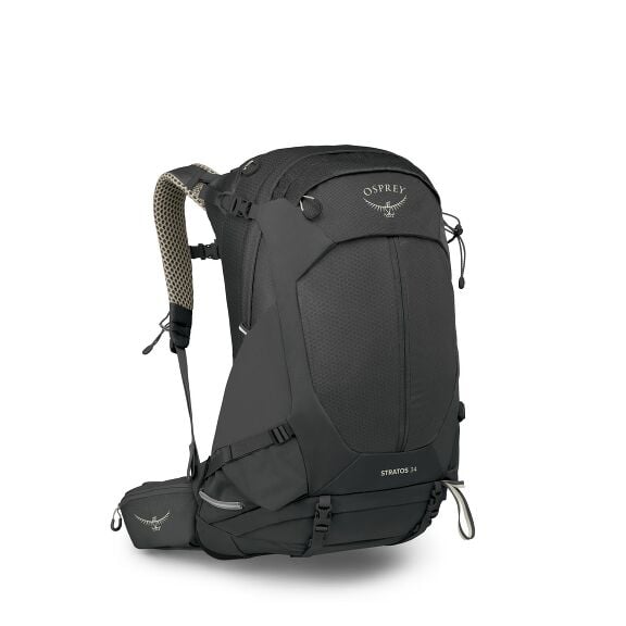 The images depict a black Osprey Stratos 34 backpack, showcasing different views and components of the backpack. The backpack features a sleek and compact design, suitable for hiking or travel, with a large main compartment and various pockets for organiz