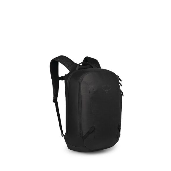 A sleek black Osprey backpack is shown at a three-quarter angle against a plain white background. It has a streamlined, rectangular silhouette with rounded edges and minimal external pockets. The shoulder straps look padded, and there's a sturdy top grab 