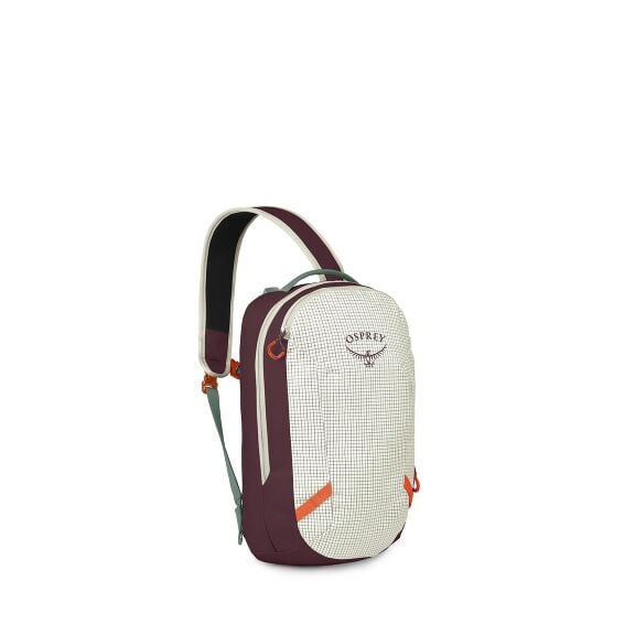 The image features an Osprey backpack with a modern design and a color scheme of maroon, cream, and orange accents. The backpack has a checkered pattern on the front panel and is equipped with a sturdy-looking handle and a single padded shoulder strap tha