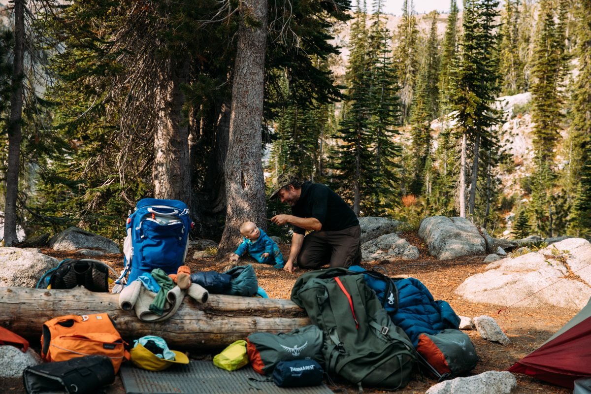 Camp setup with gear strewn everywhere