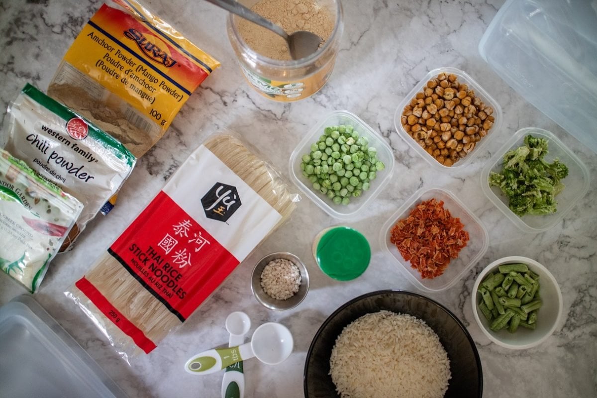 Ingredients for dehydrated meals measured out and ready for prep.