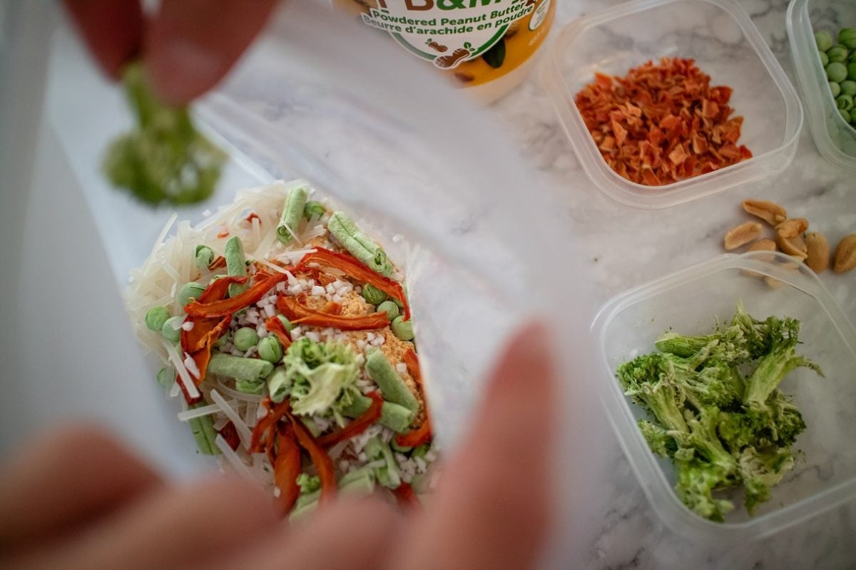 A closer look at homemade dehydrated meal prep: a view of the ingredients inside a stasher bag.