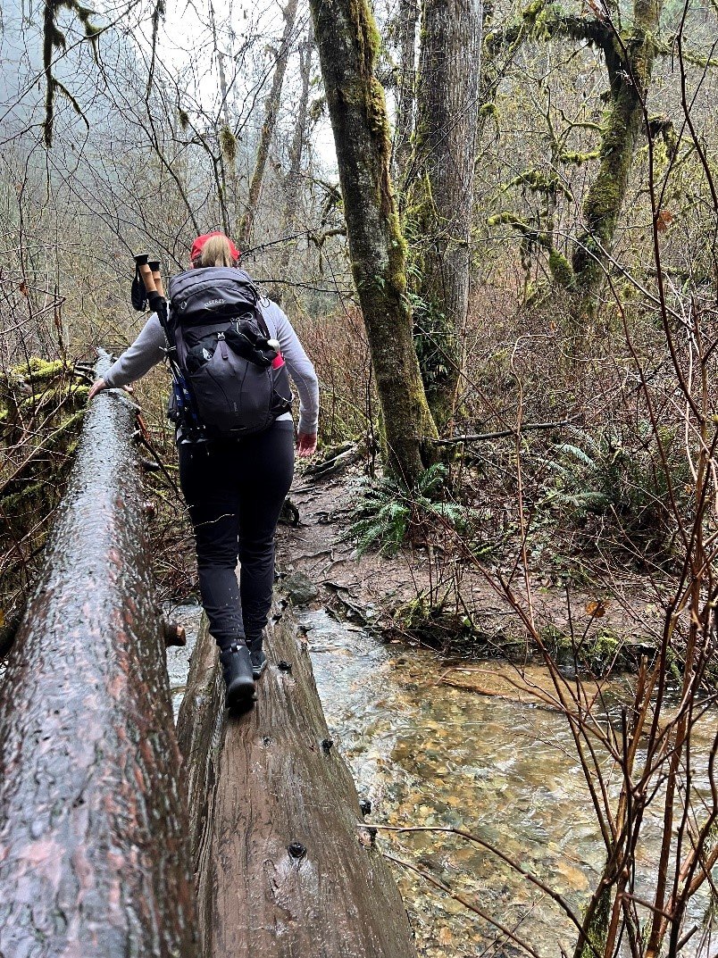 A woman wearing a backpack crossing a river on a log in the forest