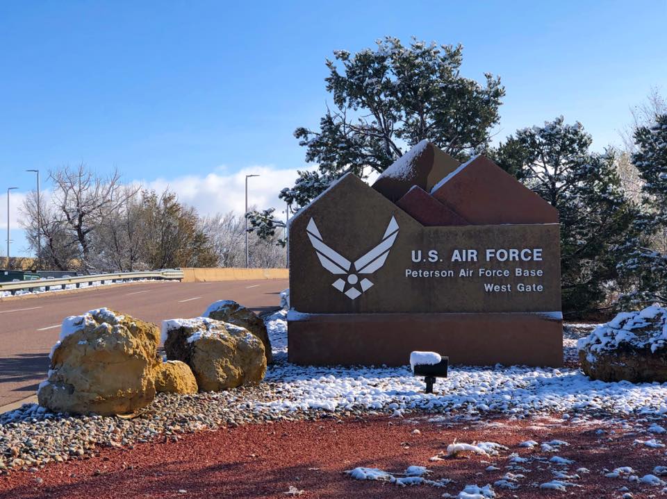 A welcome sign for US Air Force Peterson Air Force Base - West Gate