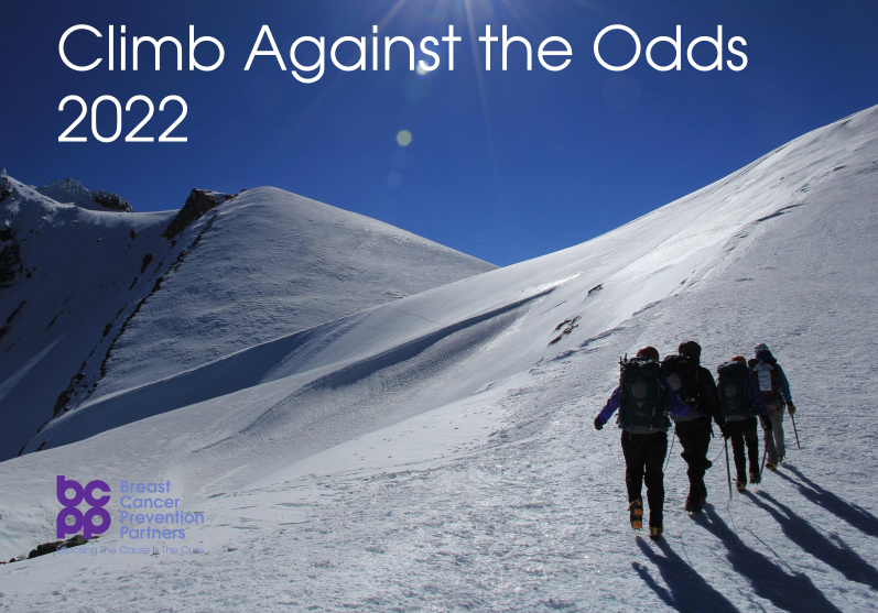 Climb against the odds 2022 image, with the breast cancer prevention partners logo in the background; image features four climbers heading up a snow covered mountain