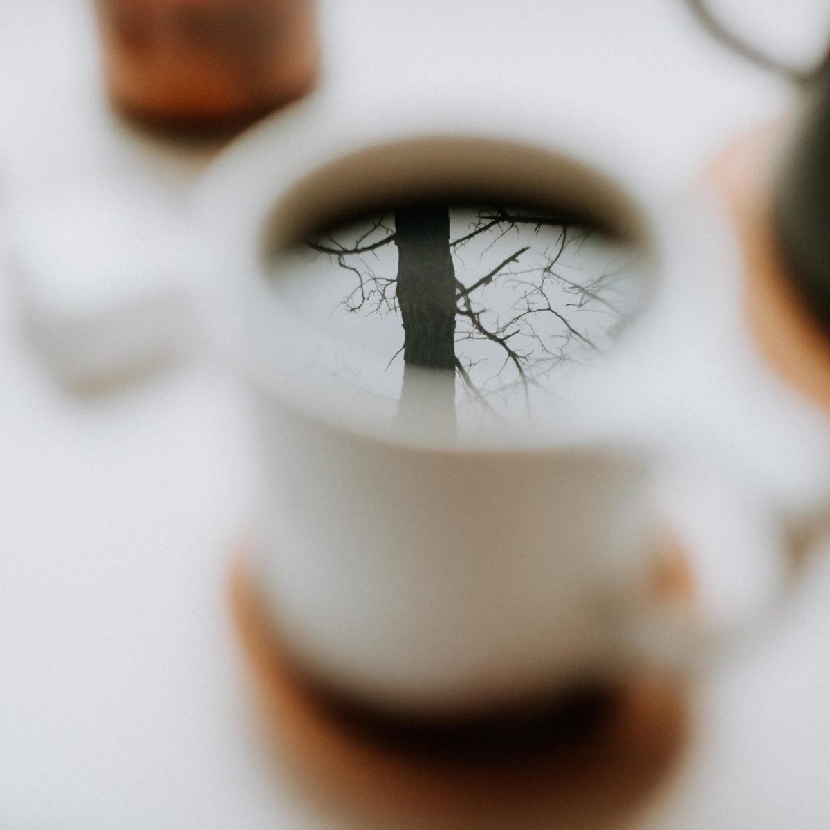 A blurred coffee mug with a reflection of a tree and branches on the coffee, in focus