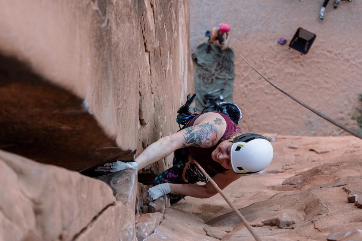 A woman rock climbing