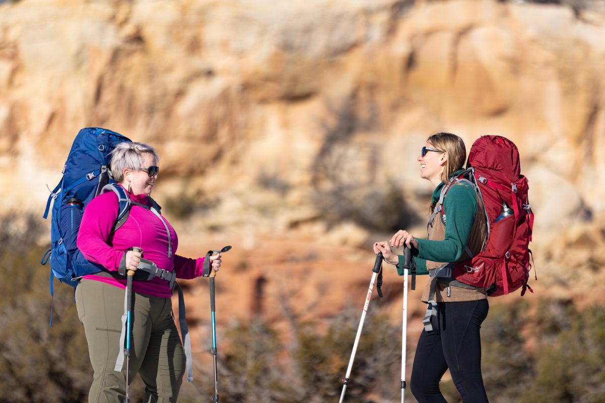Two backpackers facing each other and talking in a desert landscape