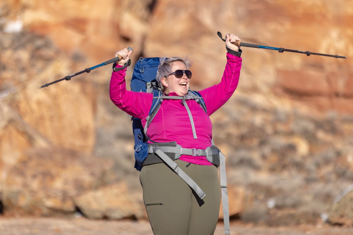 A woman wearing a pink shirt and hiking pants, wearing a blue backpack and holding her hiking poles up in the air in celebration