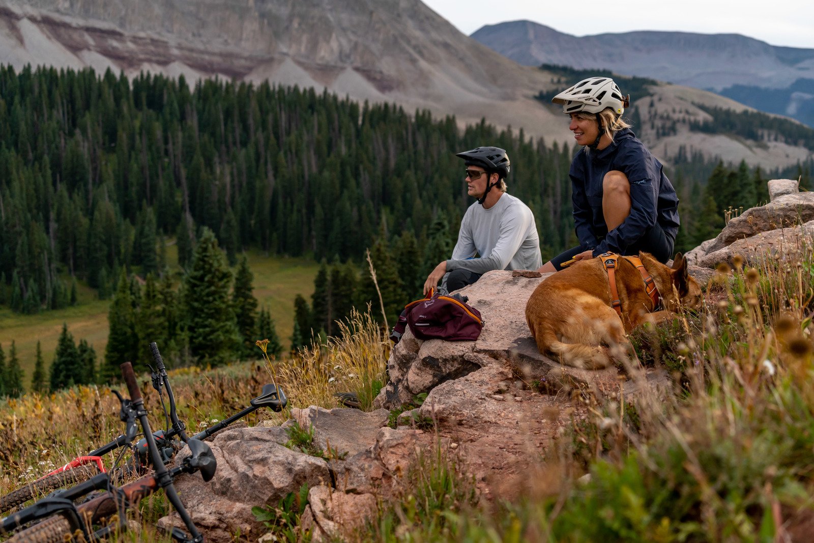 Two people and a dog sit on rocks, mountain bikes leaning on the ground next to them