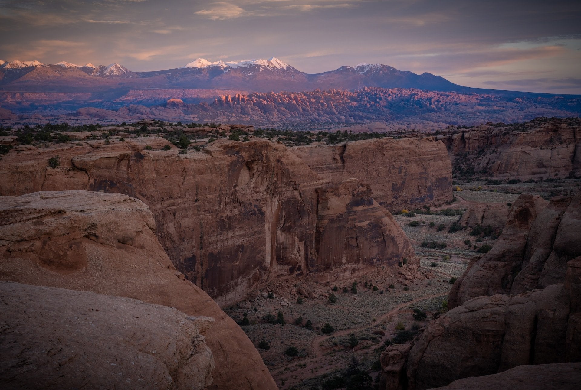 A landscape view of a desert canyon
