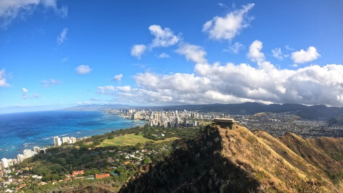 A landscape view of Honolulu, with mountains in the foreground