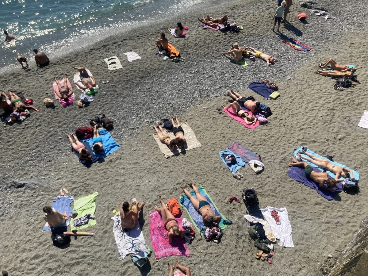 A birds eye view of people sunbathing on a beach