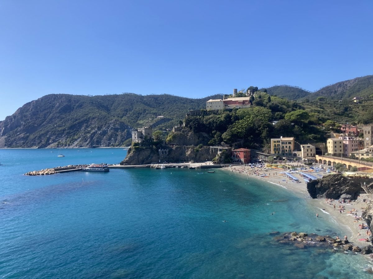 A landscape view of crystal blue waters and a coastal town on the right