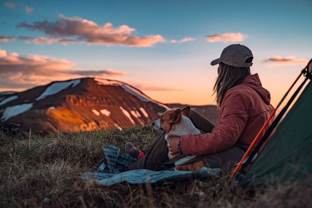A woman and her dog sitting outside their tent looking out at the mountainous view ahead