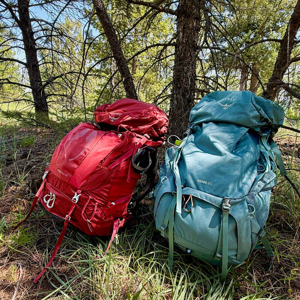 An Osprey Aura and Renn backpack sit side by side under the shade of a tree.