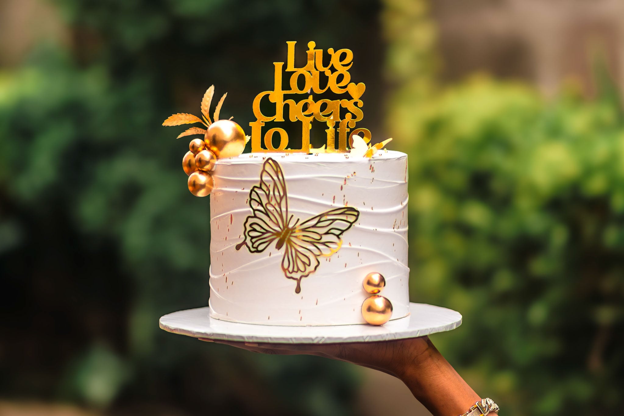 A white and gold cake held up in front of the camera.