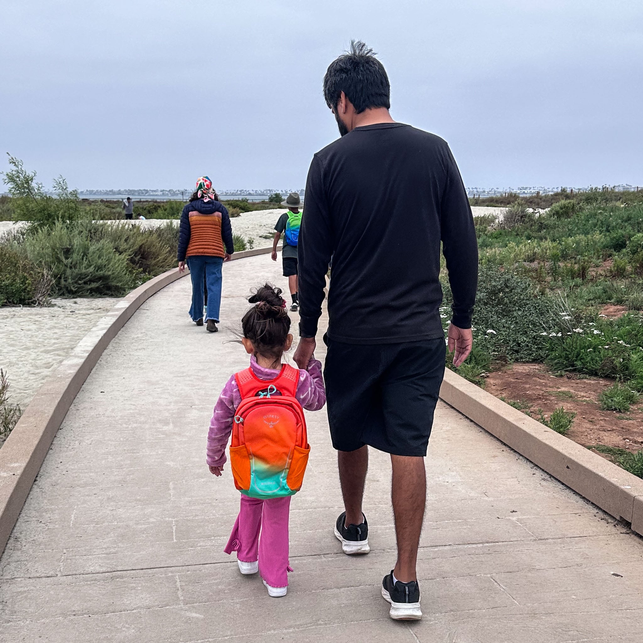 An adult holds the hand of a child as they walk on a paved path away from the camera.