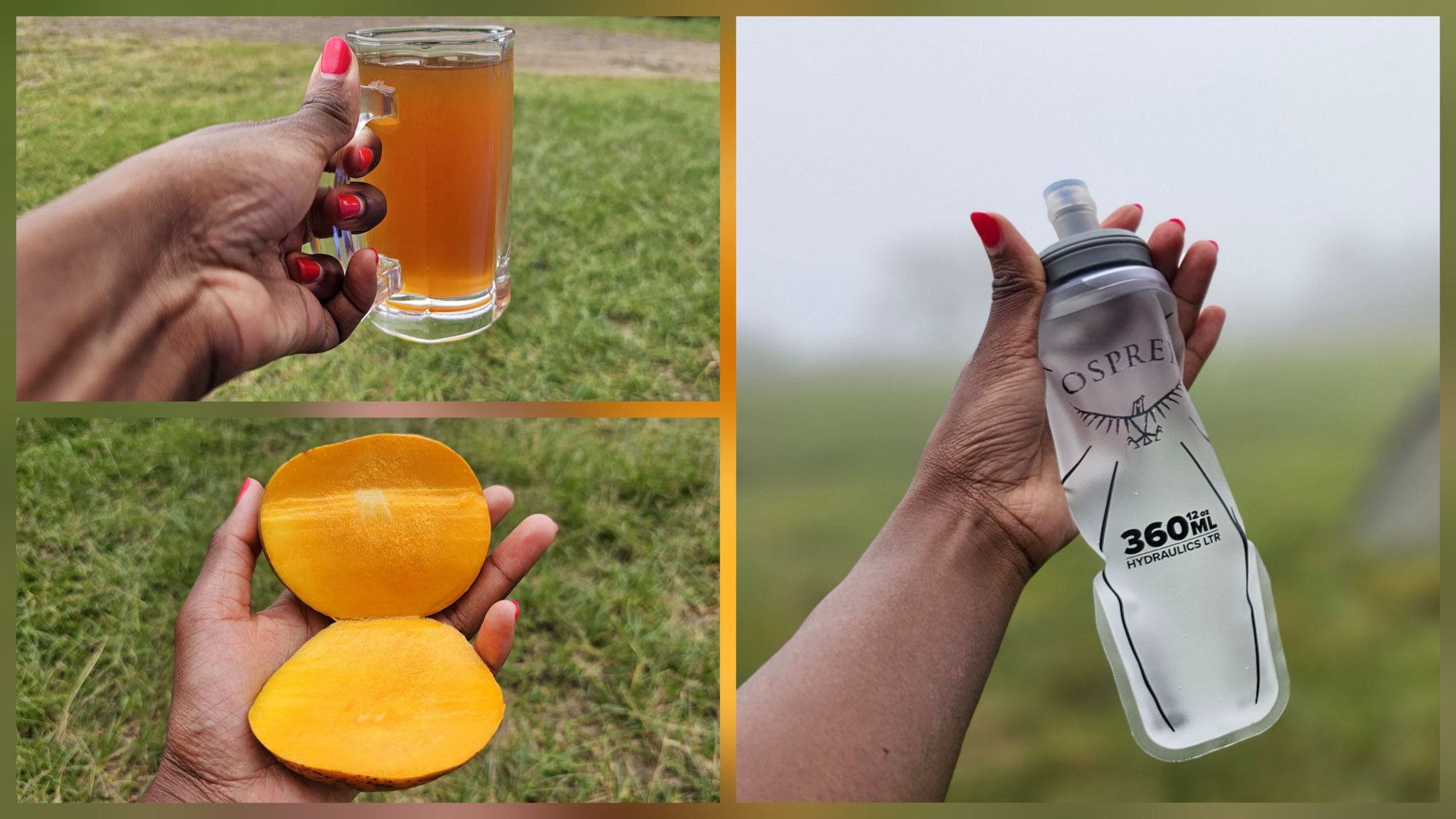 A drink, a mango and a water flask.