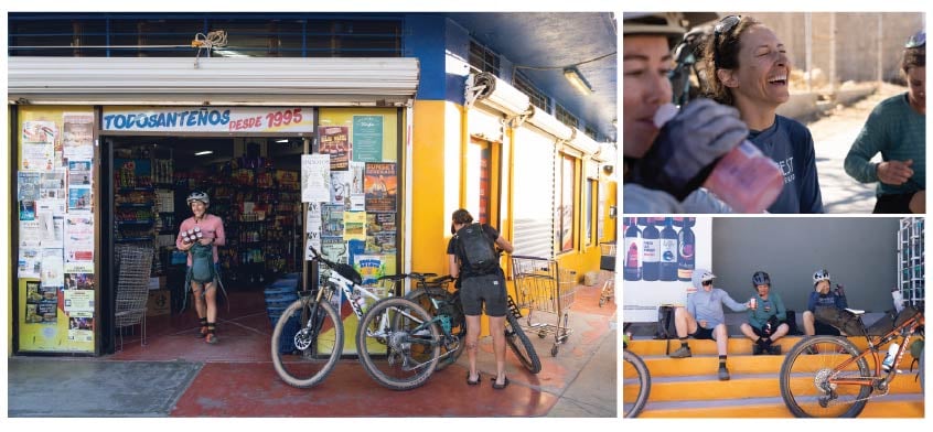 Left: One person exits a store with a six-pack in hand while the other packs their bike up. Top right: a person laughs surrounded by friends. Bottom right: three people in bike helmets share snacks.