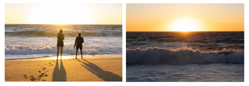 Left: two people stand at the ocean shore on the sand. Right: The sun meets the sky and ocean as waves crash in the foreground.