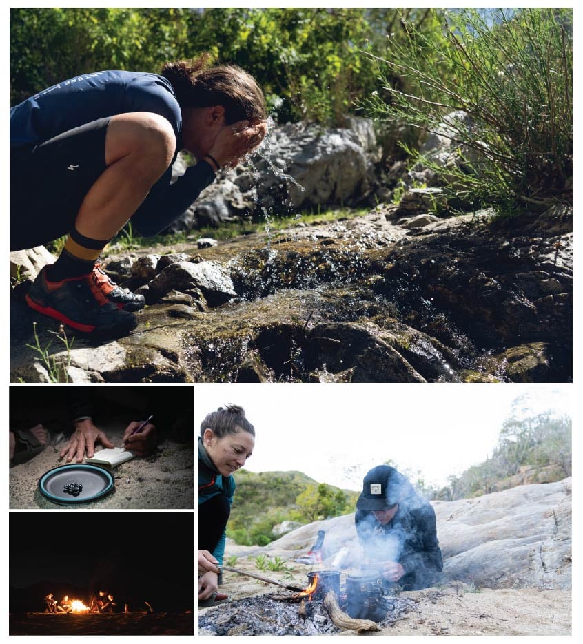 Top: A person splashes their face with water from a stream. Top Left: A dice game played over sand. Bottom Left: A group around a campfire in the dark. Right: Two people camp over a smoky campfire.