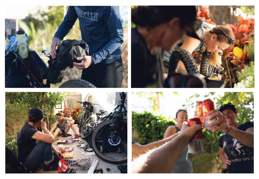 Top Left: A person attaches a bag to their bike. Top Right: A person adjusts their bike. Bottom Left: Two people pack their bikes. Bottom Right: A cheers with cans.