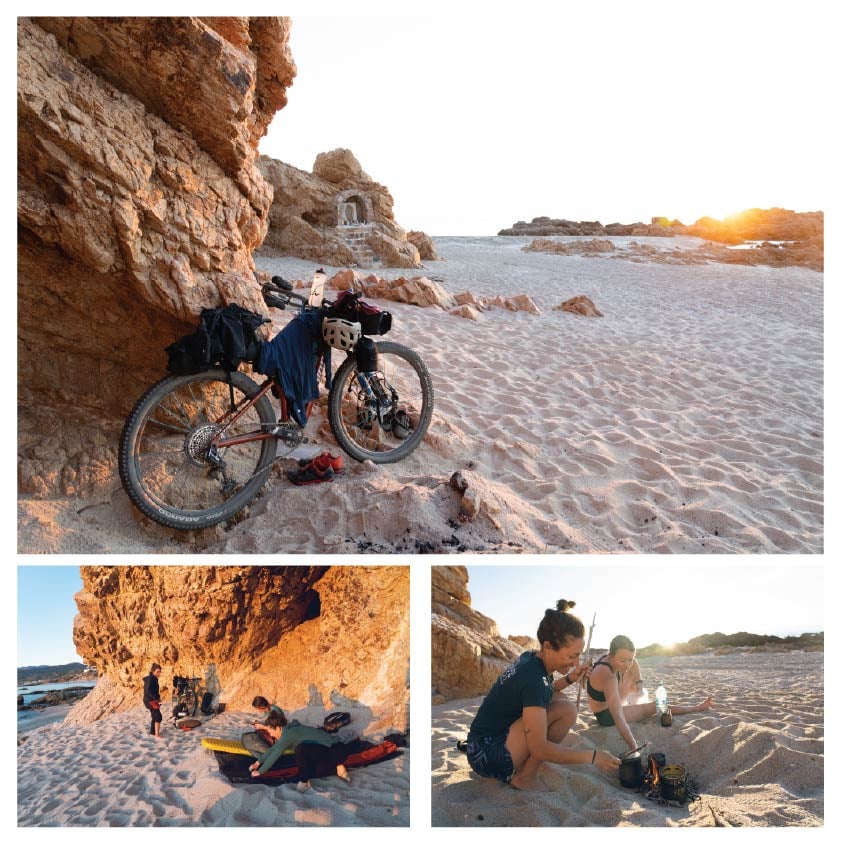 Top: A bike leaning against the rocks in front of a shrine. Bottom Left: Riders setting up camp on the beach. Bottom Right: Two people cooking in a sandy fire pit.
