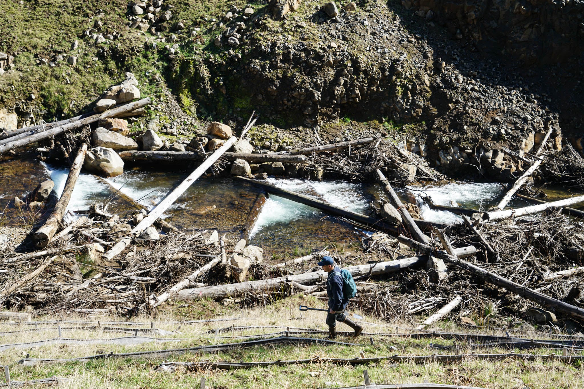A person walks along a creek.