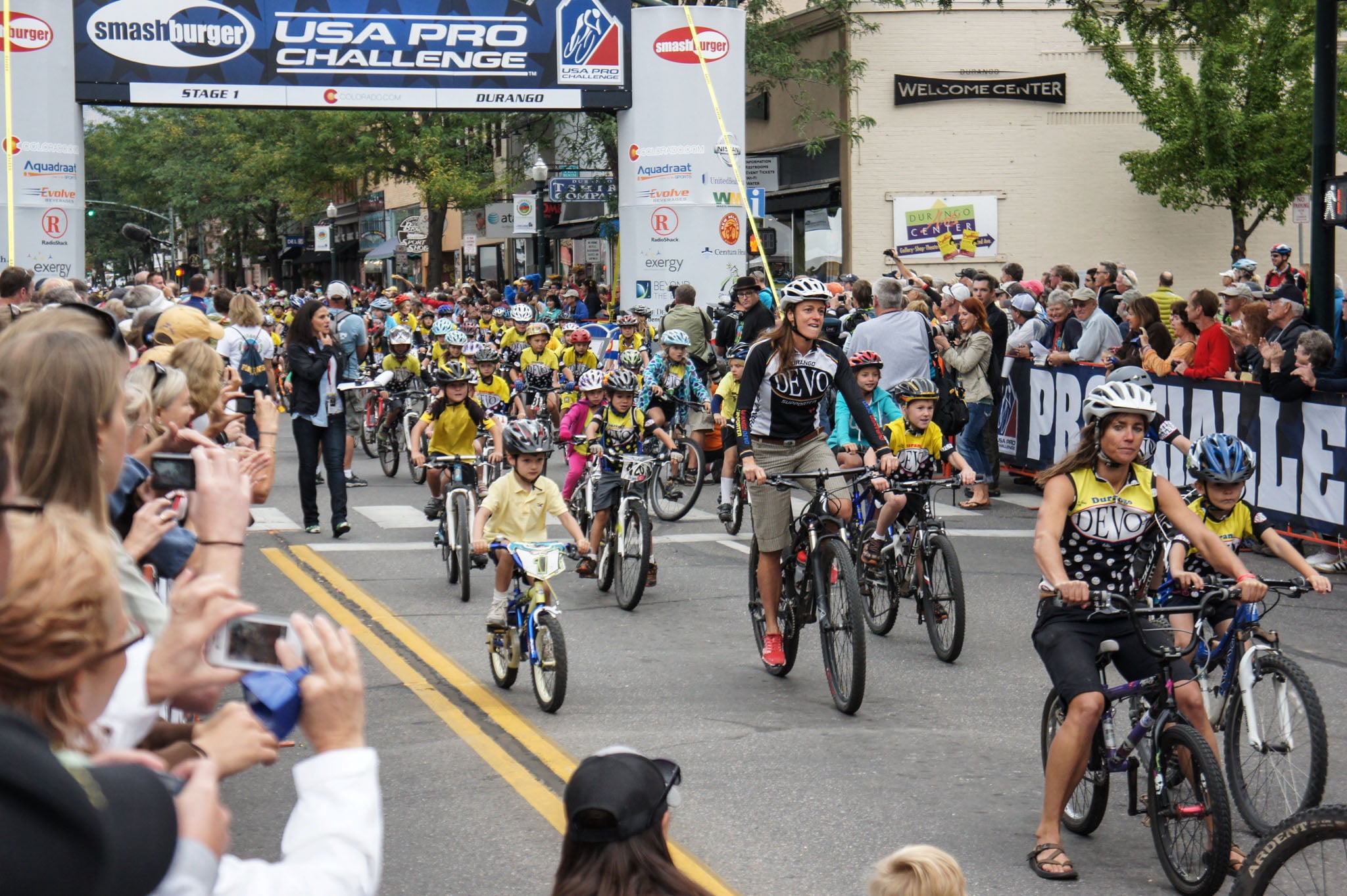 A bicycle parade down the street in Durango.