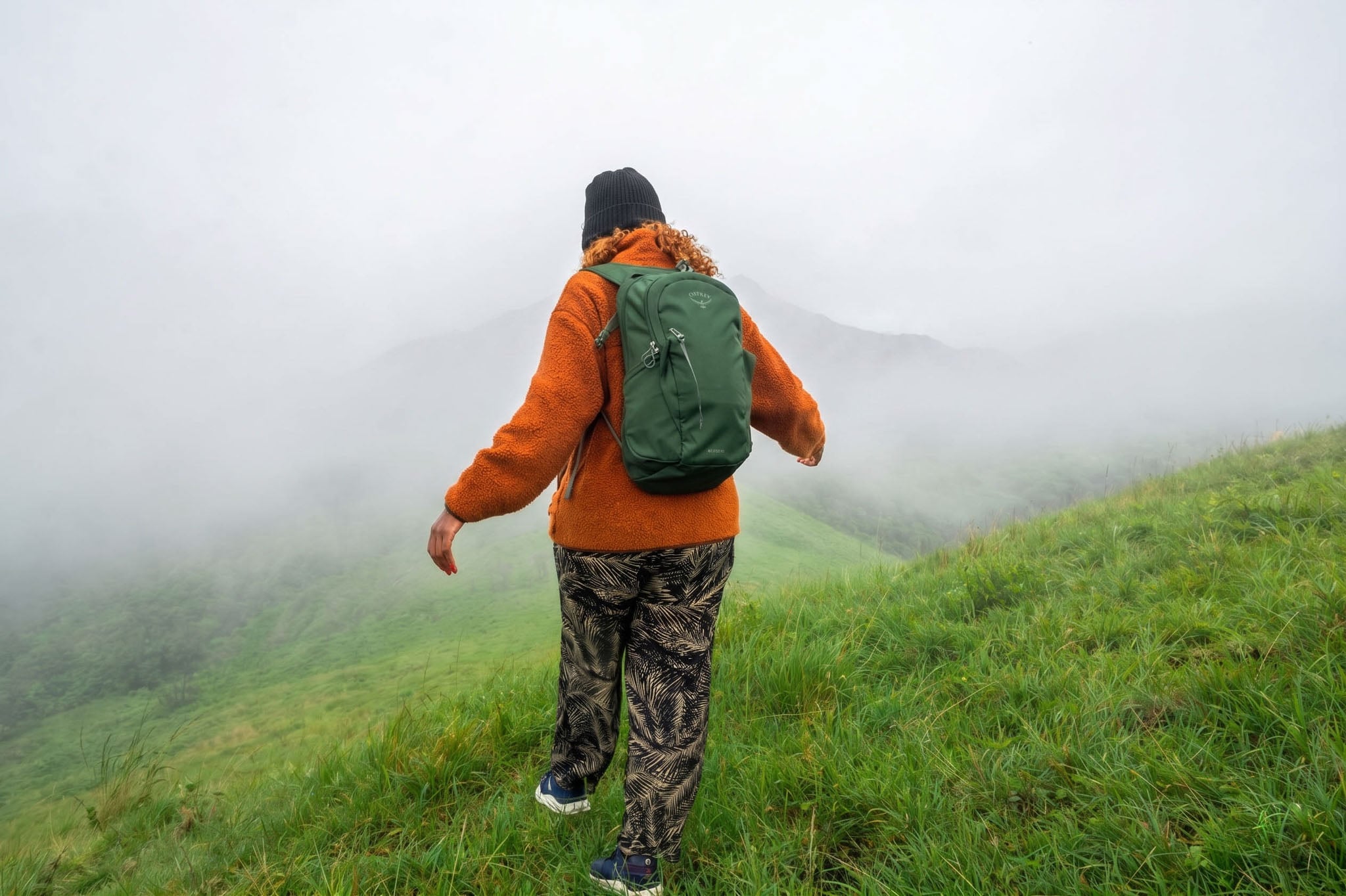 A person walks on green grass away from the camera into the fog.