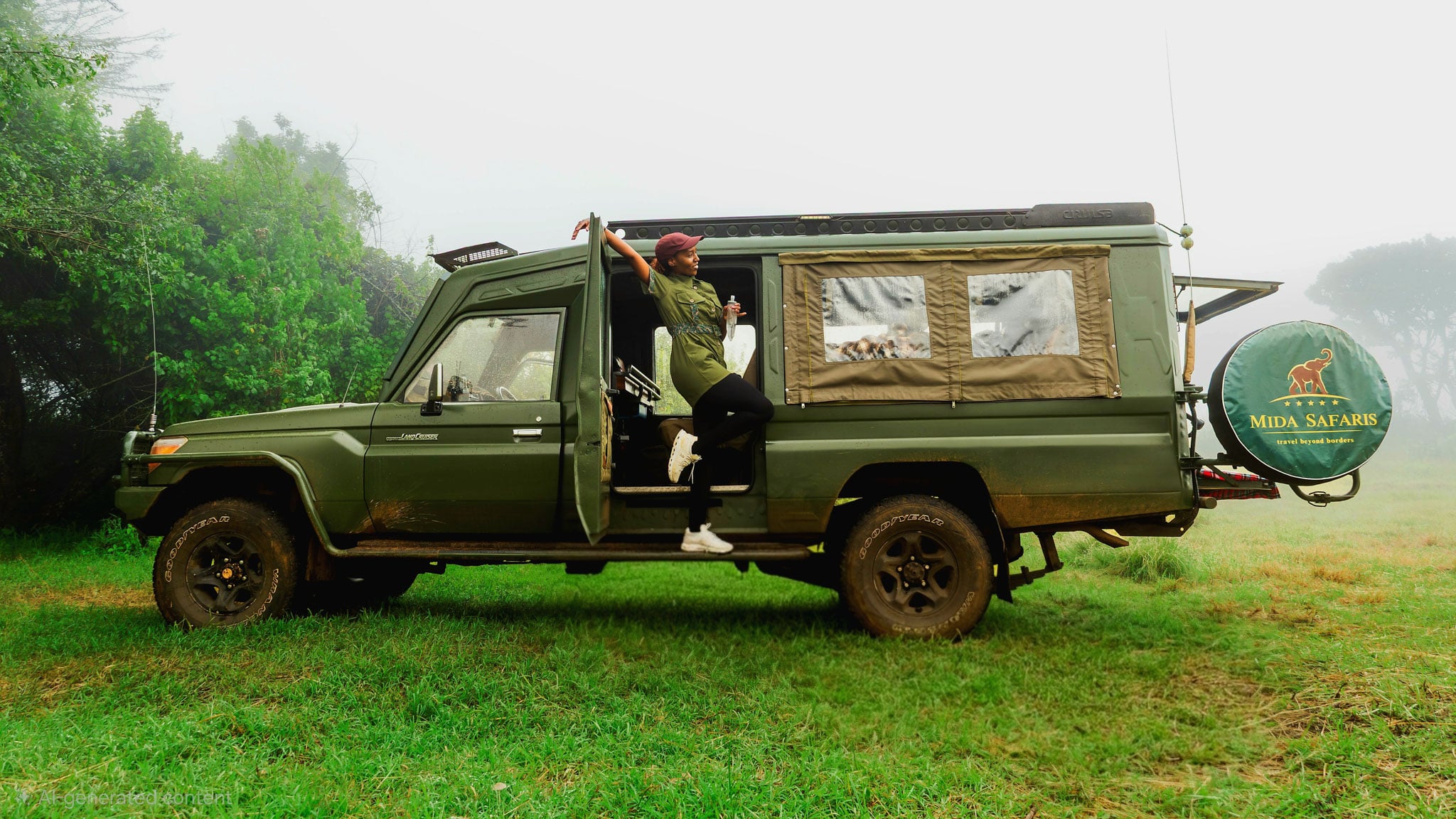A person hangs out of an open car doorway.