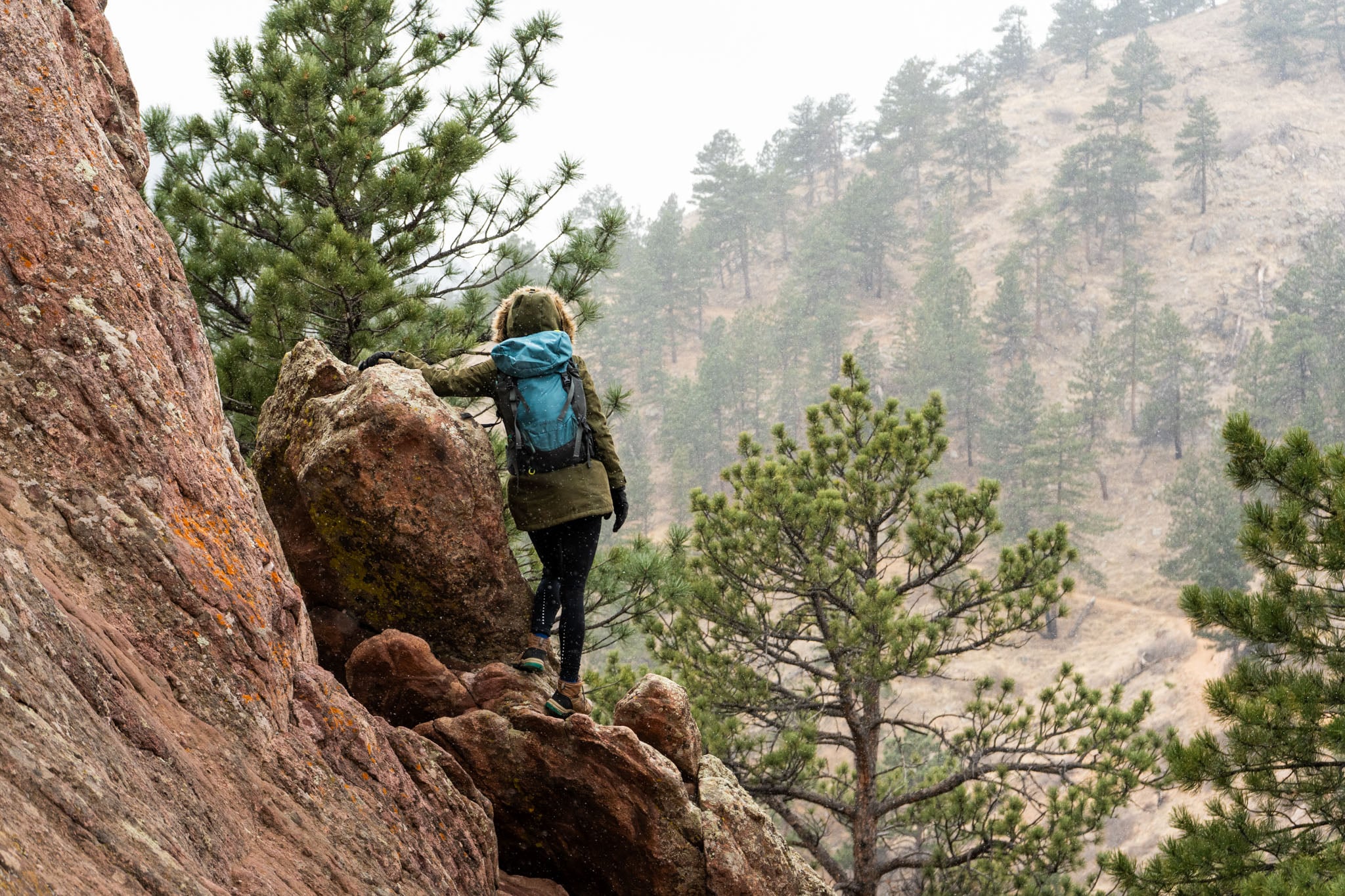 A person leans against a rock, back to the camera, looking into a canyon.