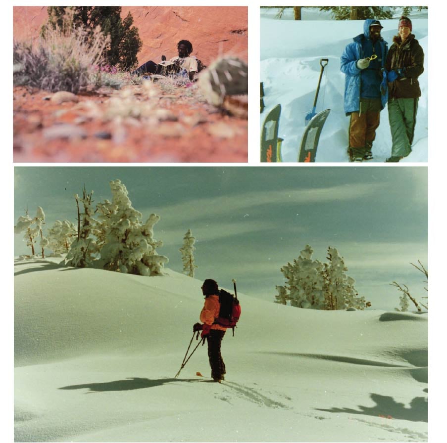 A man lounging in the desert, posing in the waist deep snow and skiing across a snowy landscape.