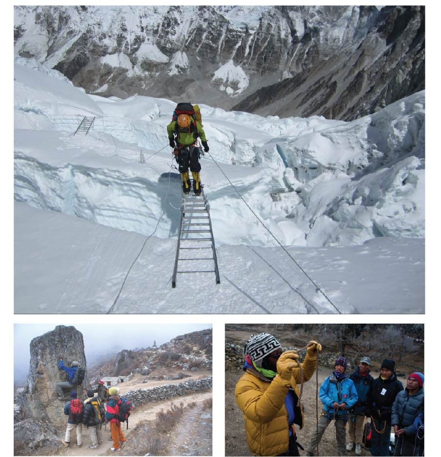 A mountaineer walks across a ladder over a crevasse. A man teaches a group to climb and use ropes.