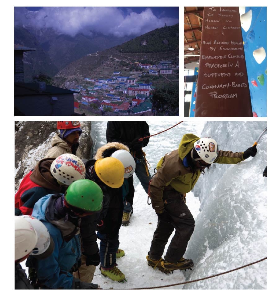 A colorful town in the mountains under cloudy skies and a man teaching a group of people about crampons.