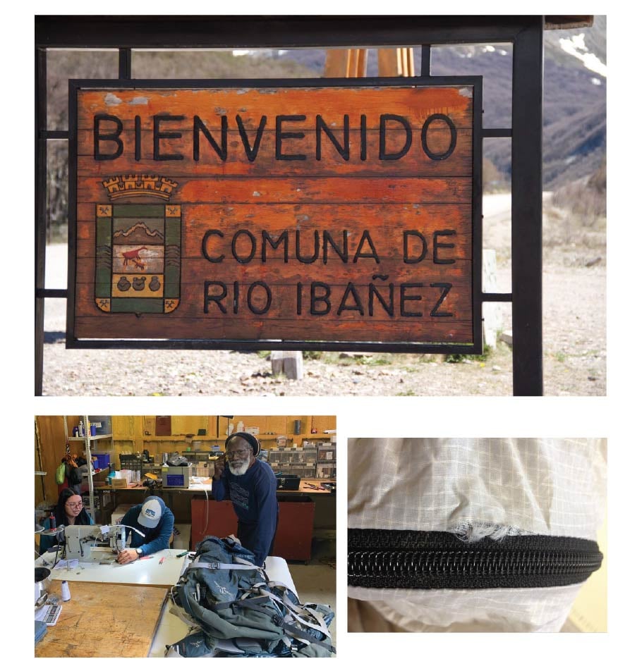 A welcome sign, a man supervising others at a sewing machine and a busted seam.