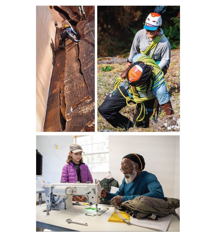 A person climbs up a rock wall and a person works with their rope and tools. A man sits at a sewing machine teaching a child how to operate it.